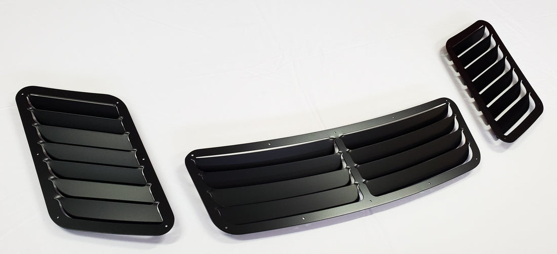 BMW E36 hood vents, center and side louvers, angled view