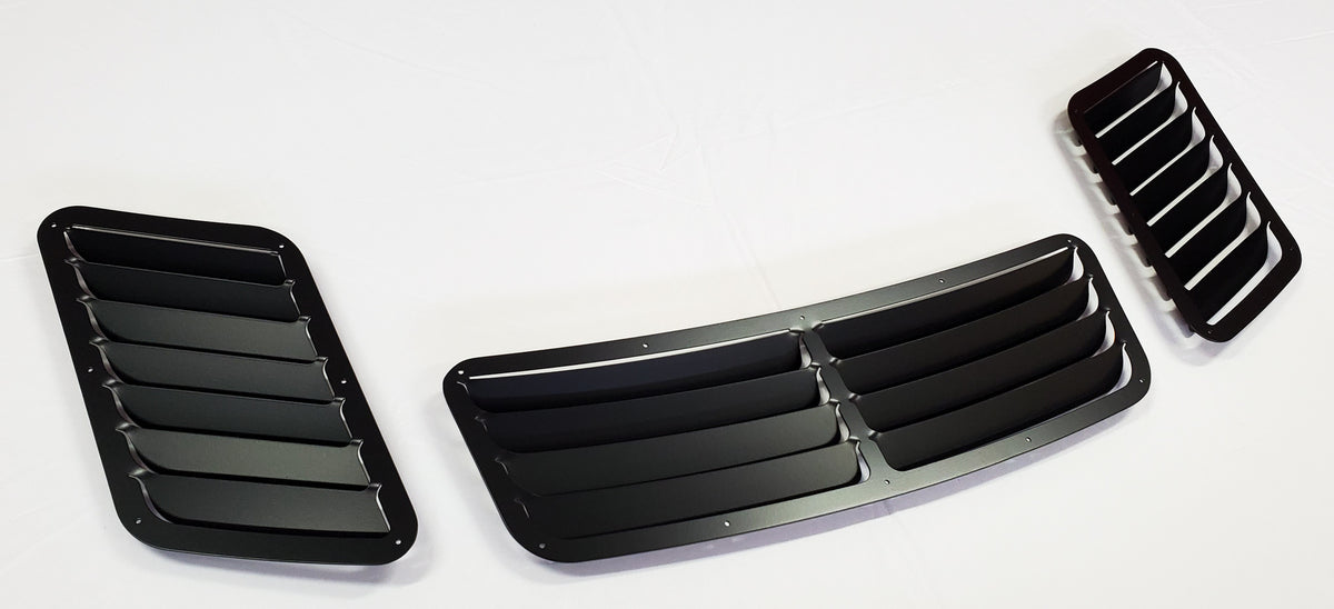 BMW E36 hood vents, center and side louvers, angled view