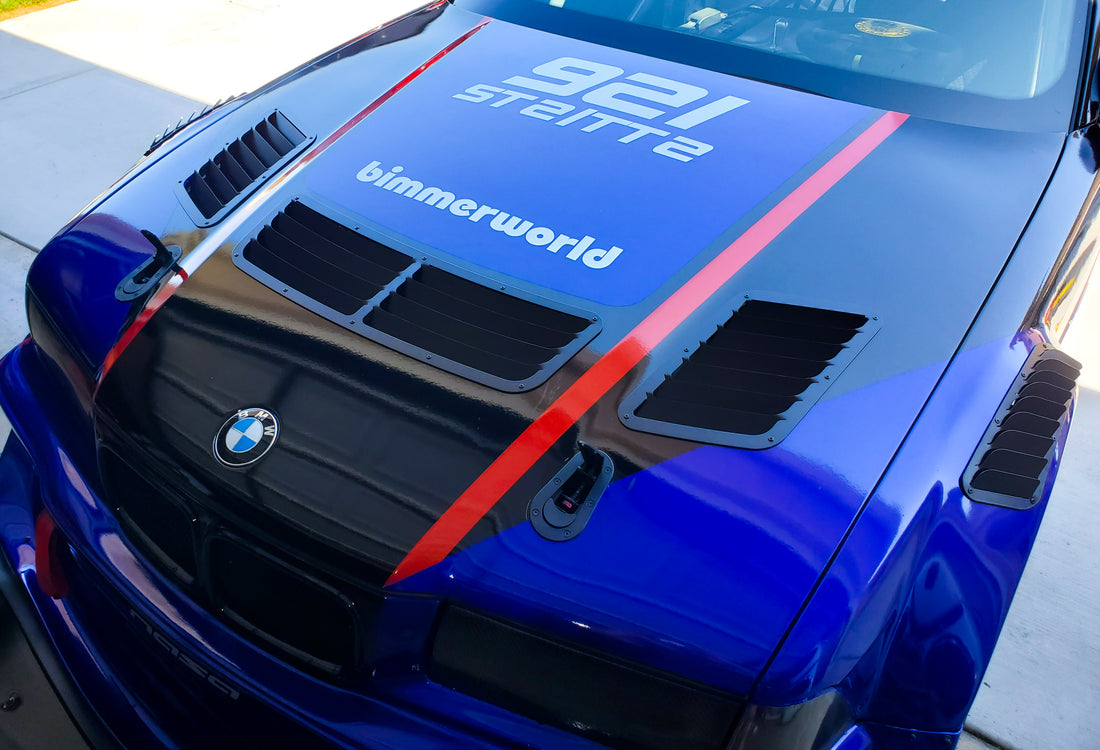 Vented hood on our blue BMW E36 race car