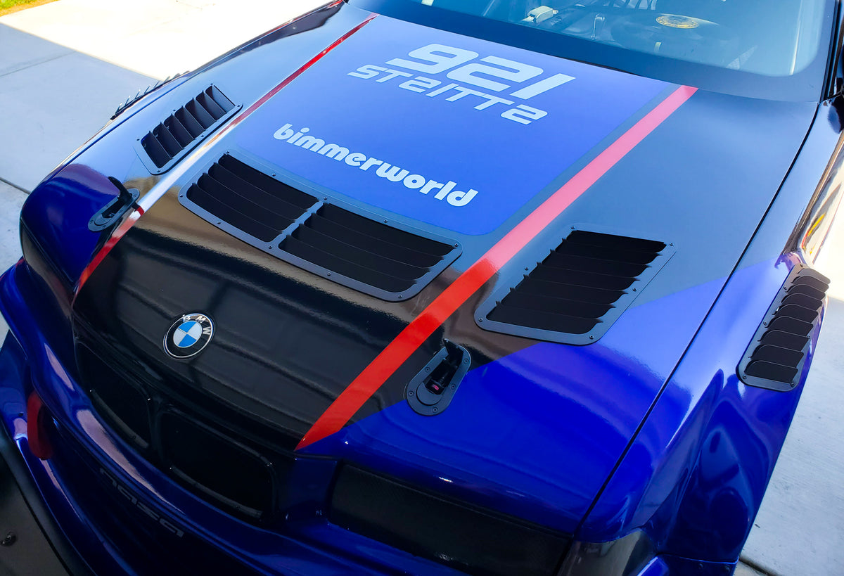 Vented hood on our blue BMW E36 race car