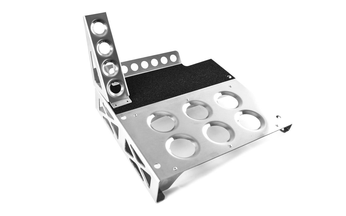BMW E46 floor pan with dead pedal and grip tape, angled view